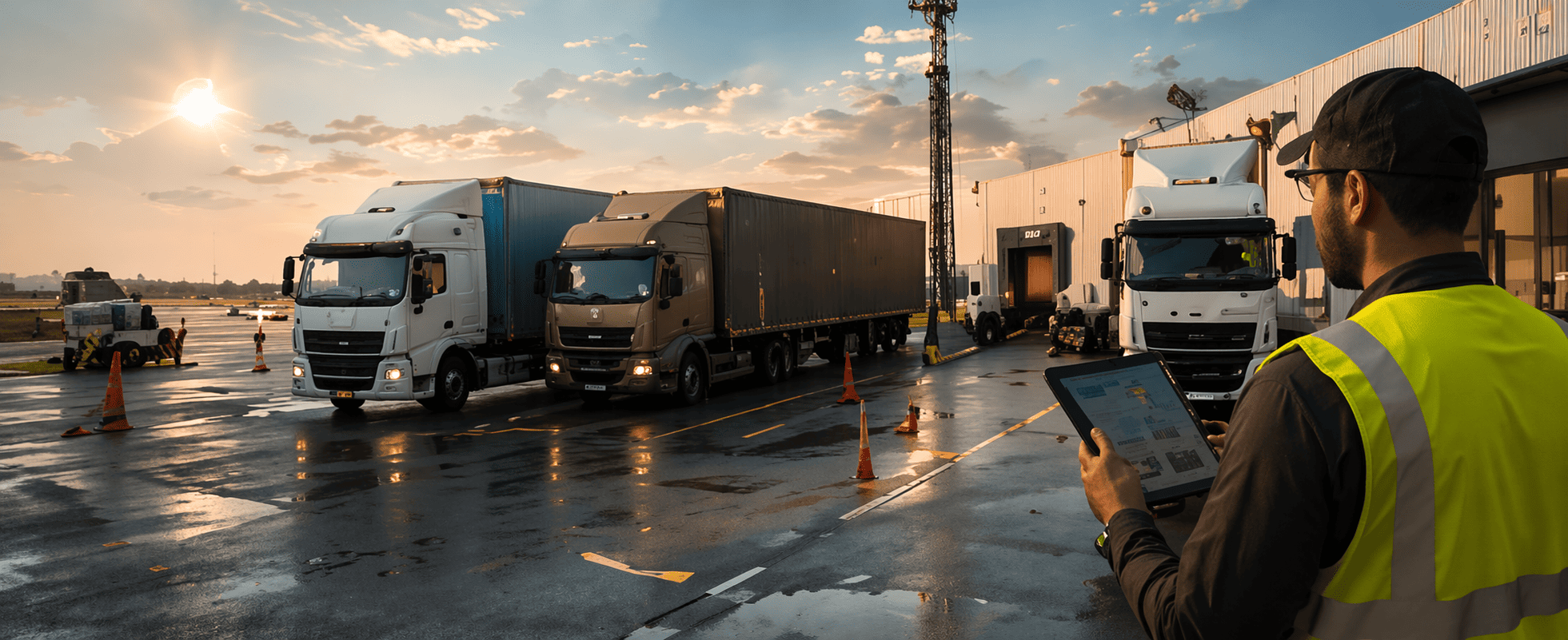 Operador acompanhando caminhões no pátio industrial