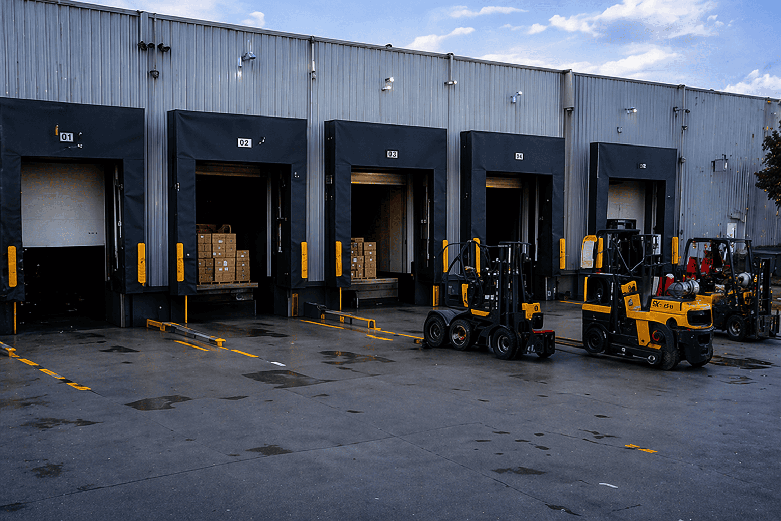 Docas industriais com empilhadeiras e caminhões