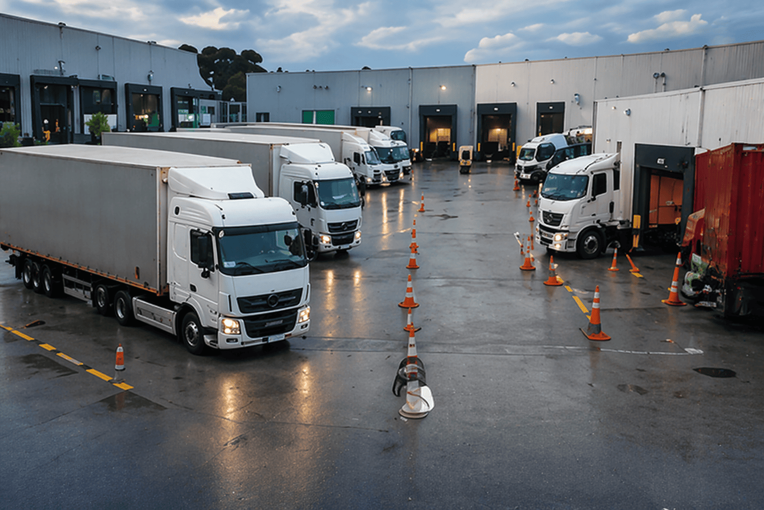 Pátio logístico com caminhões em operação
