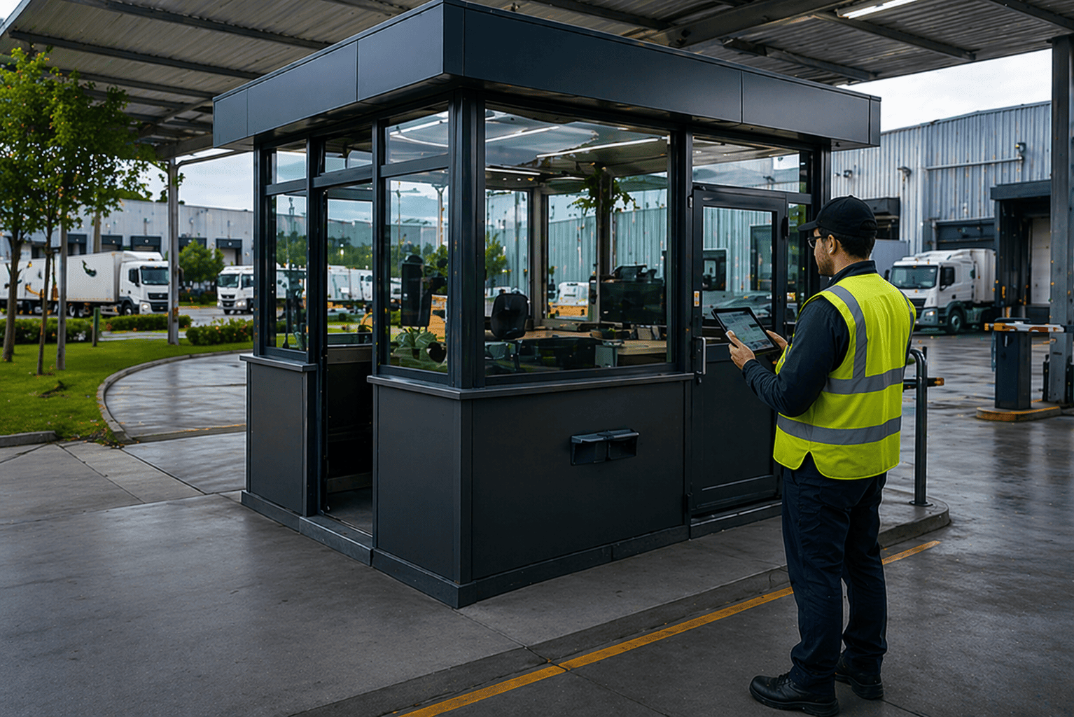 Portaria industrial com operador usando tablet